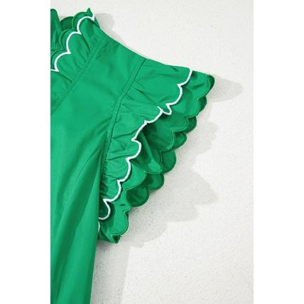 Bright Green Contrast Scallop Trim Layered Short Sleeve V Neck Blouse