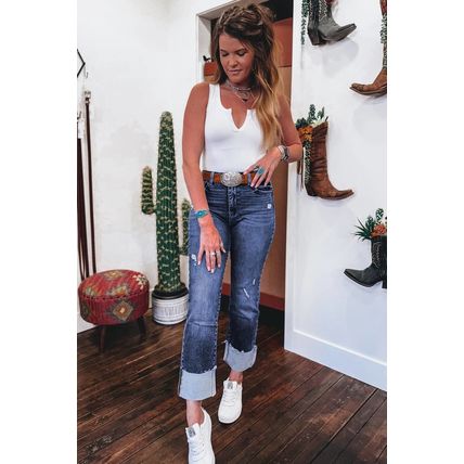 Real Teal Folded Cuffs Distressed Straight High Waist Jeans