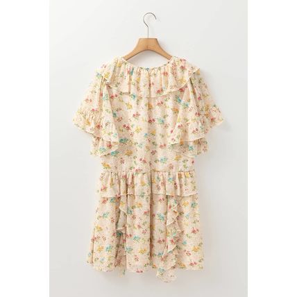 Apricot Boho Floral Tassel Tie V Neck Ruffle Wide Sleeve Mini Dress