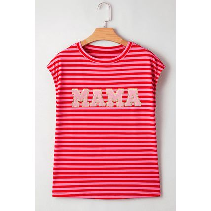 Red Stripe MAMA Graphic Cap Sleeve T Shirt