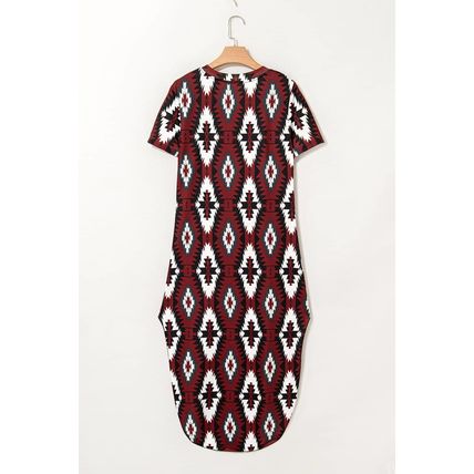 Red Western Aztec Printed Long T-shirt Dress