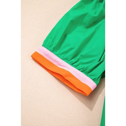Bright Green Contrast Striped V Neck Collision Short Puff Sleeve Blouse