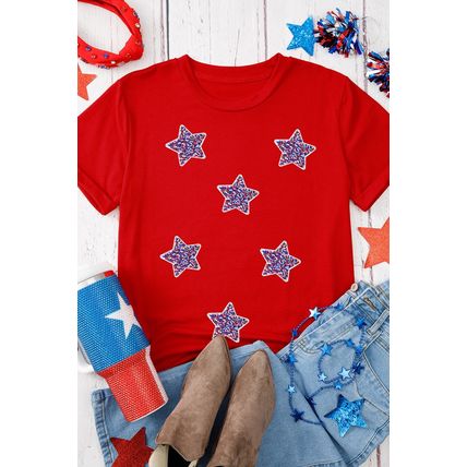 Red July 4th Fashion Sequin Star Graphic T Shirt