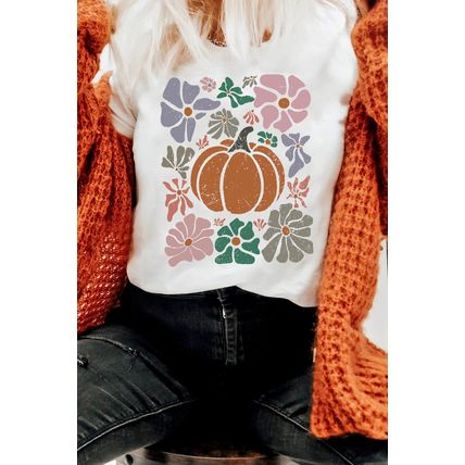 White Flower Pumpkin Distressed Graphic T Shirt