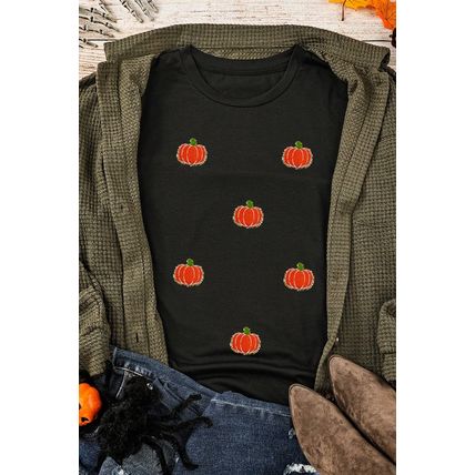 Black Chenille Pumpkin Patched Casual Cotton Blend T Shirt