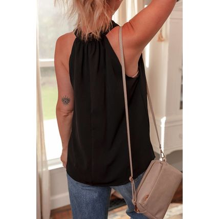 Black Pinched V Neck Tie Loose Tank Top