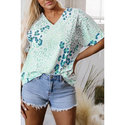 Green Mixed Leopard Print V Neck Short Sleeve Blouse