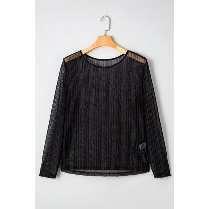 Black Plus Size Shimmer Textured Mesh Fitted Long Sleeve Top