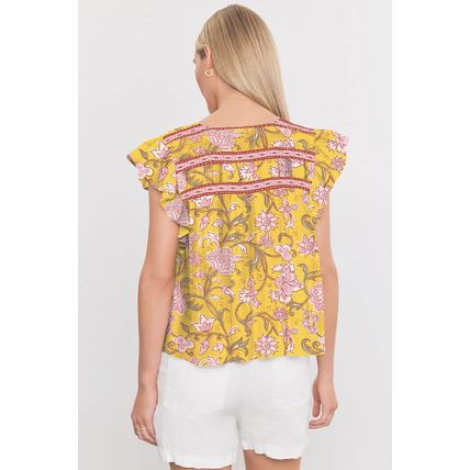 Yellow Floral Notched Neck Ruffled Sleeve Casual Blouse