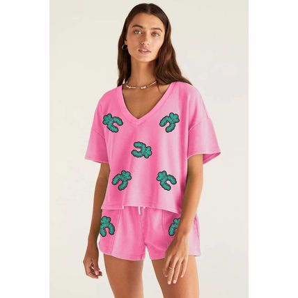 Bonbon Sequin Turquoise Patched V Neck Tee Drawstring Shorts 2pcs Outfit