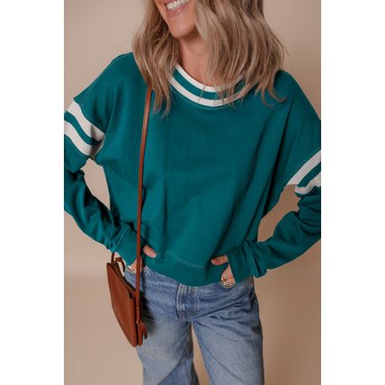 Blackish Green Contrast Striped Patchwork Round Neck Drop Shoulder Sweatshirt