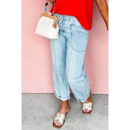 Myosotis Exposed Stitch Detail Drawstring Barrel Jeans