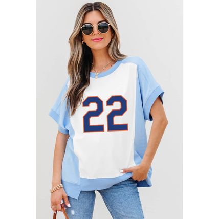Sky Blue Number 22 Printed Color Block T Shirt