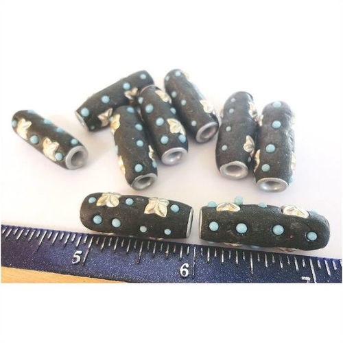 BEADS #ILM003a lot of 9 large ornate Indian lacquer metal