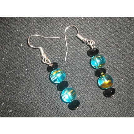 Elegant black crystal and hand painted Asian turquoise glass earrings