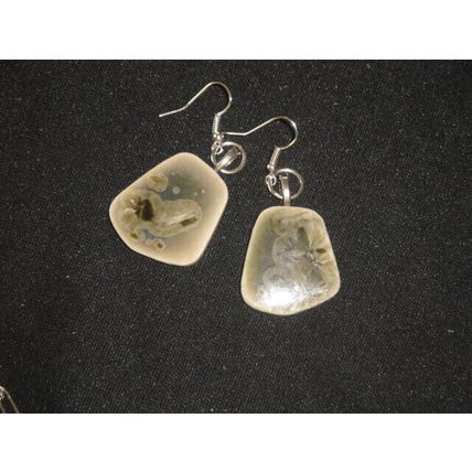 Unique freeform hand glazed on small grey blue ceramic tile dangle earrings , B