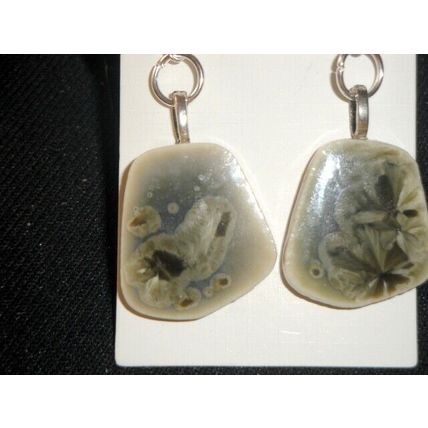 Unique freeform hand glazed on small grey blue ceramic tile dangle earrings , B