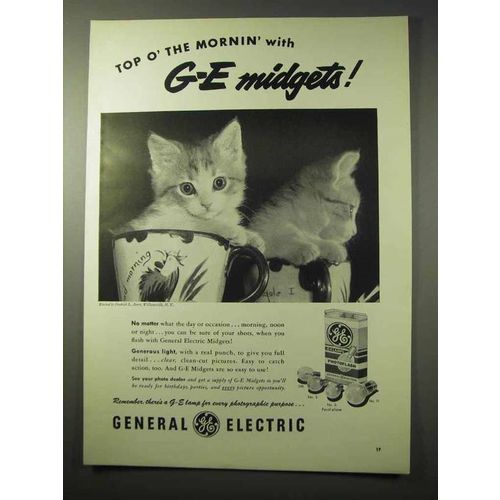 1950 General Electric Midget Flash Bulb Ad - Kitten