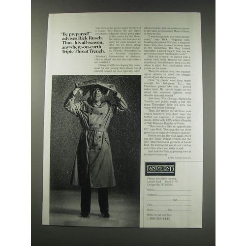 1991 Lands' End Triple Threat Trench Coat Ad - Be prepared! Advises Rick Rusch.