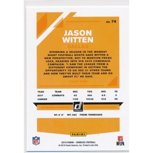 2019 Donruss Football Base 74 Jason Witten Dallas Cowboys