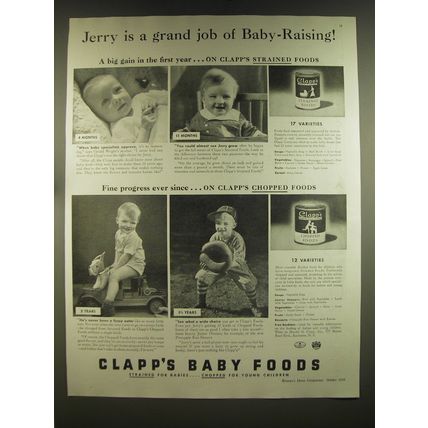 1939 Clapp's Baby Food Ad - Jerry is a grand job of Baby-Raising