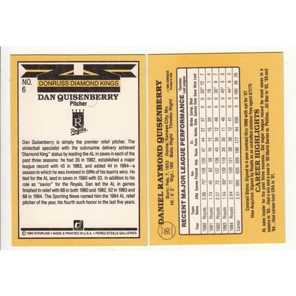 TWO 1985 Donruss Dan Quisenberry baseball cards #6 #95 – Royals