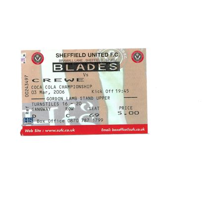Sheffield Utd v Crewe 2005/2006 Championship Football Ticket Stub