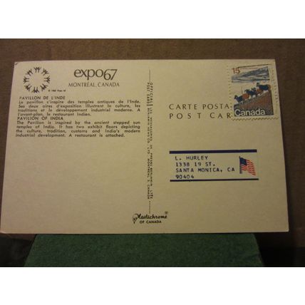 INDIA PAVILION, EXPO 67, MONTREAL, CANADA unused postcard. =