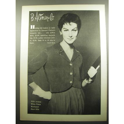 1957 B. Altman & Co. Fashion by Leonard Fischer Ad - Holiday red