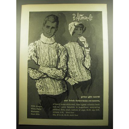 1957 B. Altman & Co. Fashion Ad - prize gift catch! Our Irish fisherman sweaters