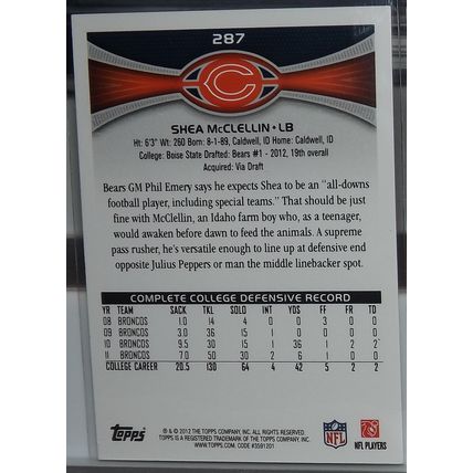 2012 Topps SHEA MCCLELLIN (Chicago Bears) Rookie card #287