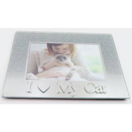 I Love My Cat Photo Frame Silver Glitter 14 CM Gift Feline Pet Home Decor
