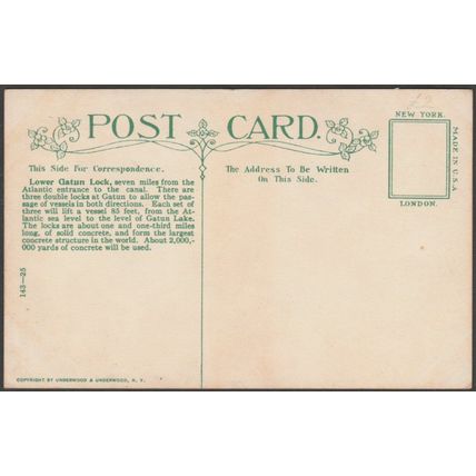 Lower Gatun Lock, Panama Canal, c.1910s - Underwood & Underwood Postcard