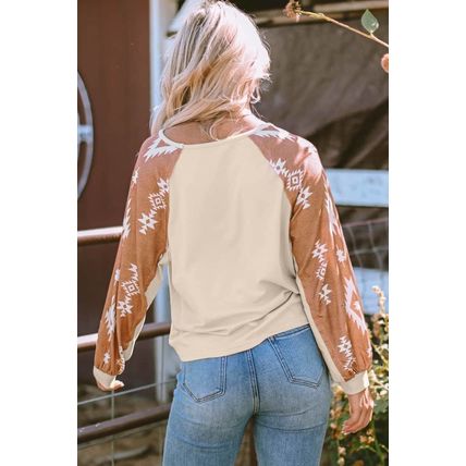 Apricot Western Print Patch Long Sleeve Top