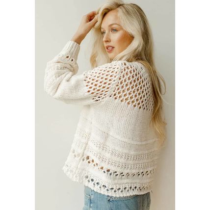 White Solid Color Pointelle Knit Puff Sleeve Sweater