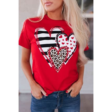 Red Leopard Striped Heart Shaped Print Crew Neck T Shirt
