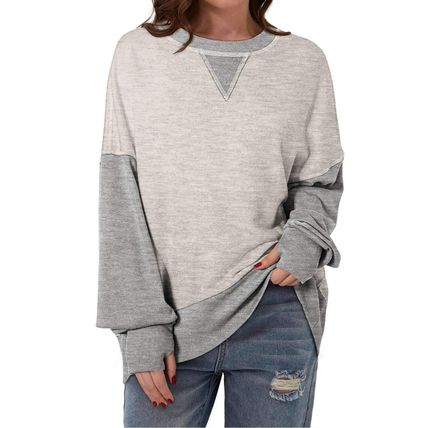 Light Grey Color Block Thumbhole Sleeve Drop Shoulder Sweatshirt