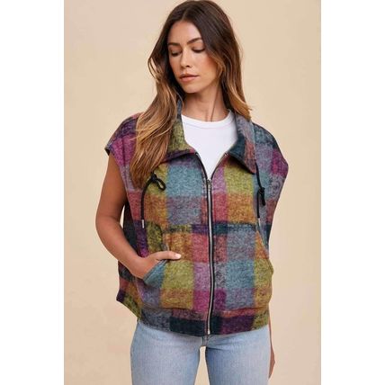 Multicolor Plaid Print Side Pockets Zipped Loose Vest