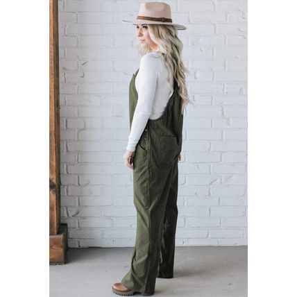 Jungle Green Solid Pocketed Loose Fit Corduroy Overall