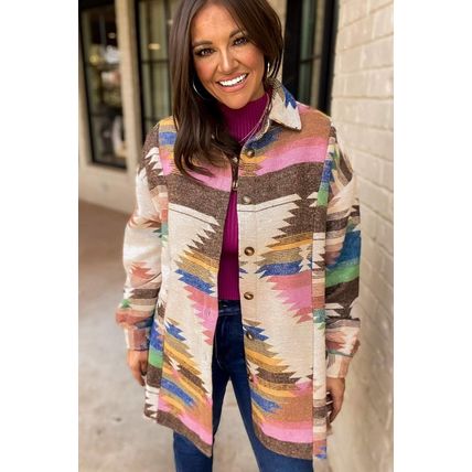 White Aztec Print Button Up Shacket