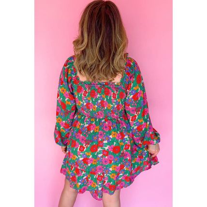 White Plus Size Floral Frilled Square Neck Shirred Long Sleeve Dress