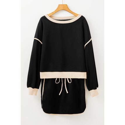 Black Color Contrast Loose Pullover and Lace-up Waist Skort Set