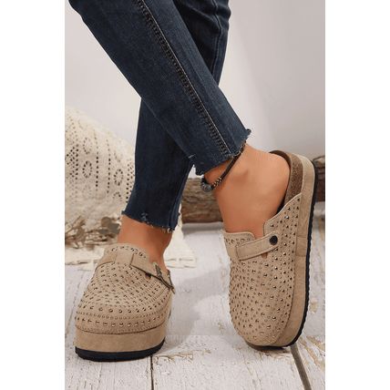 Parchment Rivet Buckle Closed Toe Platform Slippers