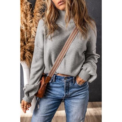 Gray Turtleneck Drop Shoulder Bubble Sleeve Knit Sweater