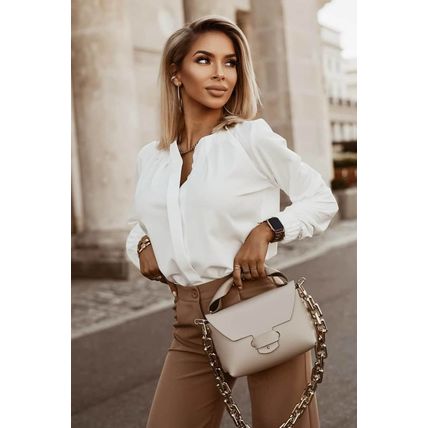 White Crew Neck Gathered Stretch Cuff Shirt