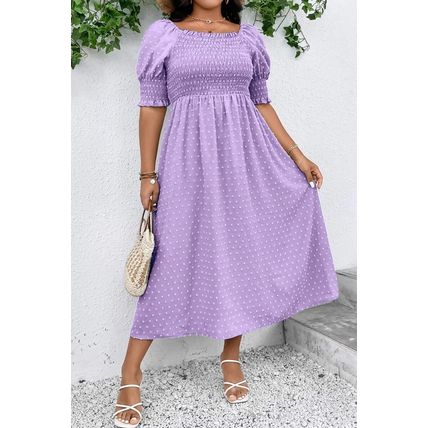 Wisteria Swiss Dot Smocked Frilled Neckline Short Sleeve Plus Size Dress