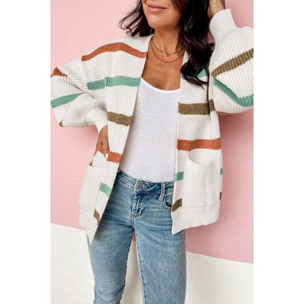 Beige Drop Shoulder Pocketed Stripe Sweater Cardigan