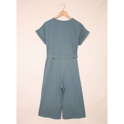 Blue Dolman Button Belted V Neck Wide Leg Pocketed Jumpsuit