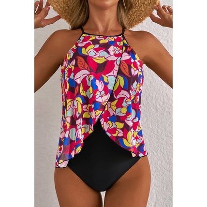 Purple Floral Print O Neck Open Back One Piece Swimsuit