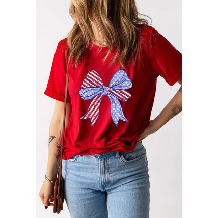 Red American Flag Bow Knot Print Crew Neck T Shirt